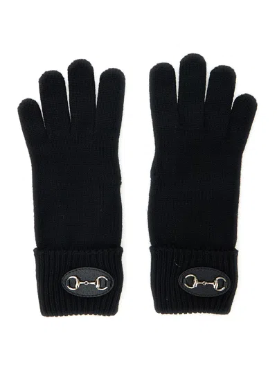 Gucci Women Black Gloves With Leather Patch With Horsebit Plaque In Wool Woman