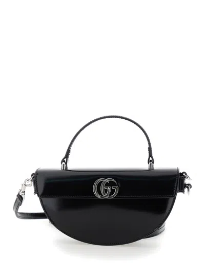 Gucci Women Black Half Moon Shaped Handbag With Double G Logo Plaque On The Front And Removable Shou In Multi