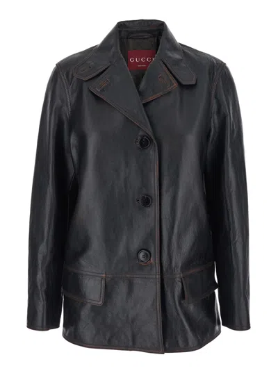 Gucci Women Black Jacket With Classic Lapels And Distressed Effect In Leather Woman In Multi