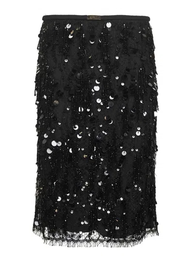 GUCCI GUCCI WOMEN BLACK LACE EMBROIDERED SEQUIN MIDI SKIRT
