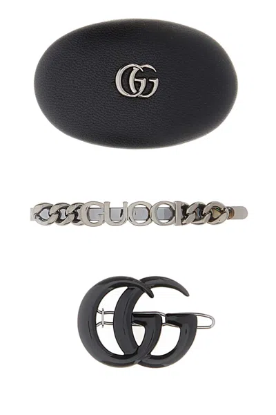 Gucci Women Black Leather And Metal Hair Clips Set
