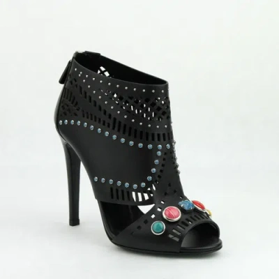 Pre-owned Gucci Women's Black Leather Open Toe W/jewels Zipper Heel Boots 374743 1000