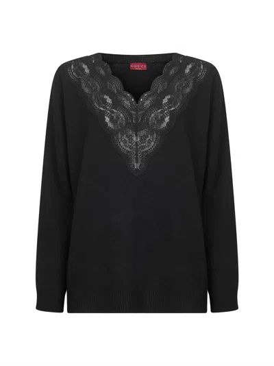 GUCCI GUCCI WOMEN BLACK WOOL AND CASHMERE KNIT SWEATER WITH LACE