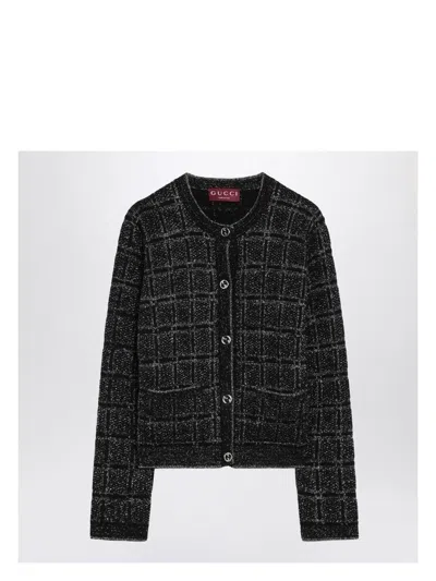 GUCCI WOMEN'S BLACK/SILVER WOOL AND LAMÃ© CHECKED CARDIGAN | SIZE MEDIUM | 805754XKEDI