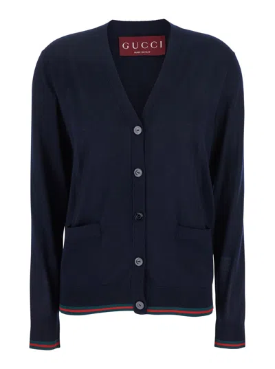 Gucci Women Blue Cardigan With Web Detail On The Edges In Cashmere And Silk Blend Woman