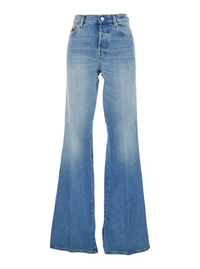 Gucci Women Blue Flared Jeans With Wide Leg And Horsebit Detail On The Front Pocket In Denim Woman