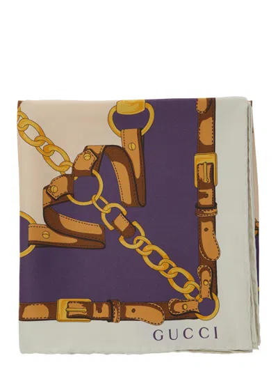 Gucci Women Blue Square Scarf With Chain Print And Logo Lettering In Silk Woman In Multi