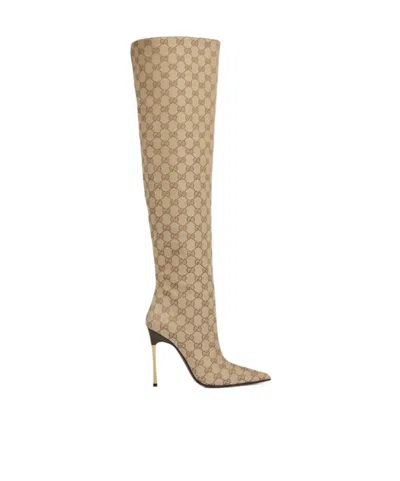 Gucci Gg Fabric Boots Pointed Toe Stiletto In Brown