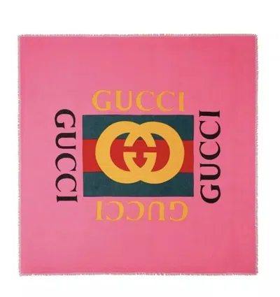 Gucci Women Bright Pink Wool/silk Grg Web Gg Logo Scarf Shawl