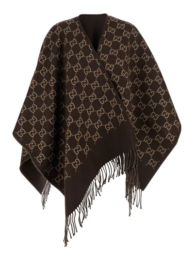 Gucci Women Brown Cape With Fringes And Gg All-over Motif In Wool Woman In Multi