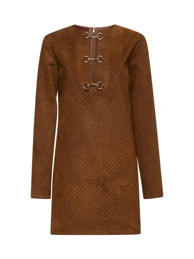 Gucci Women Brown Gg Suede Mini Dress