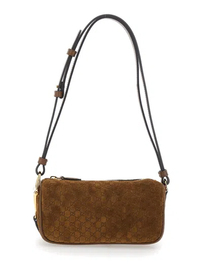 Gucci Women Brown Mini Bag With Adjustable Shoulder Strap And Half Horsebit In Gg Suede Woman