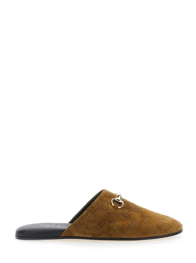 GUCCI GUCCI WOMEN BROWN MULE WITH HORSEBIT ON THE FRONT AND ALL-OVER GG MOTIF IN SUEDE WOMAN