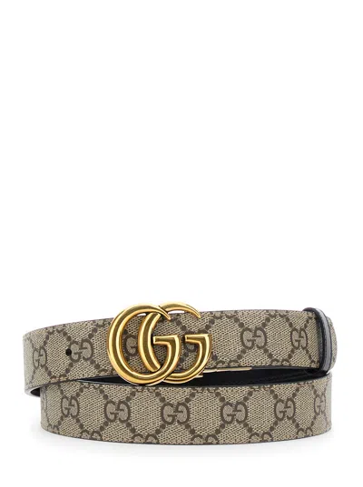 GUCCI GUCCI WOMEN BROWN REVERSIBLE BELT WITH BUCKLE WITH DOUBLE G LOGO IN GG CANVAS WOMAN