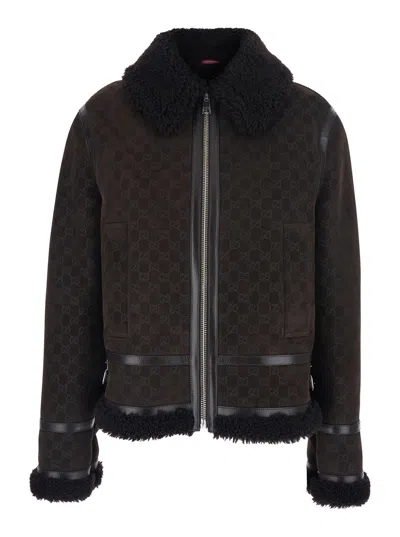 GUCCI GUCCI WOMEN BROWN SHEARLING JACKET WITH SHEARLING TRIMS AND ALL-OVER GG MOTIF IN SUEDE WOMAN