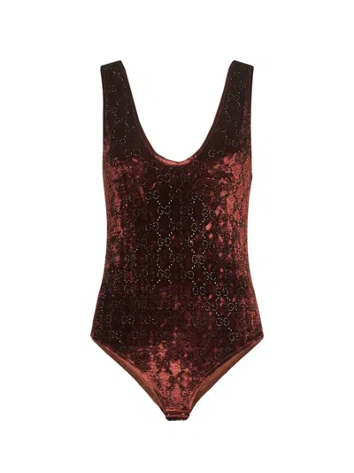 GUCCI GUCCI WOMEN BROWN STRETCH CHENILLE GG EMBROIDERED BODYSUIT