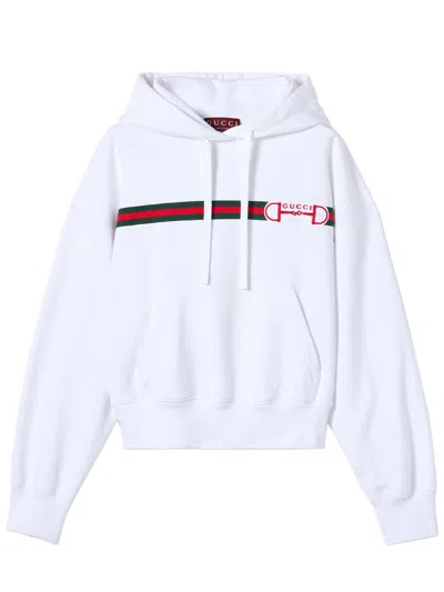 Gucci Women's Brushed Cotton T-shirt With Web Graphic Print, Horsebit Embroidery, Fixed Hood & Front In Bianco