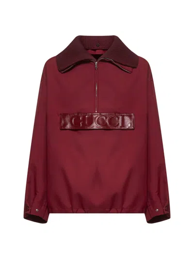 GUCCI GUCCI WOMEN BURGUNDY EMBOSSED GABARDINE BOMBER JACKET