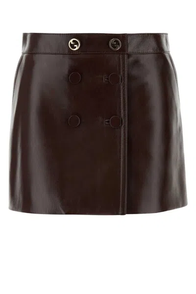 Gucci Burgundy Leather Mini Skirt In Brown