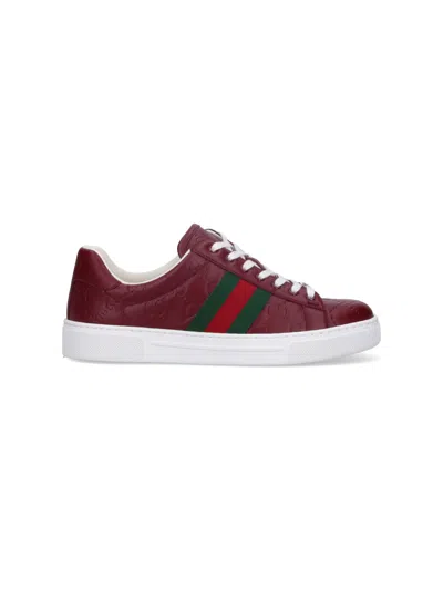 Gucci Women's Calfskin Sneaker With Textured Knit Upper In Red