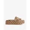 Gucci Angelina Logo-jacquard Coated-canvas Platform Slides In Camel Ebony
