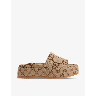 GUCCI WOMENS CAMEL EBONY ANGELINA GG LAMÉ SLIDE SANDALS EUR 34 / 1 UK