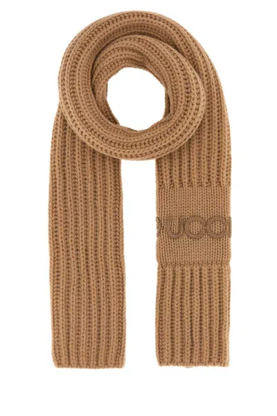 Gucci Wool Blend Scarf Rectangular Ribbed Knit In Brown