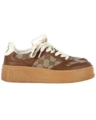 Gucci Textured Leather Sneakers With Branded Chunky Outsole In Brown