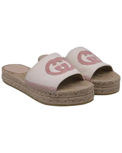 Pre-owned Gucci Women's Canvas Interlocking G Logo-embroidered Espadrille Platform Sandal (authentic Pre-loved In White/ecru