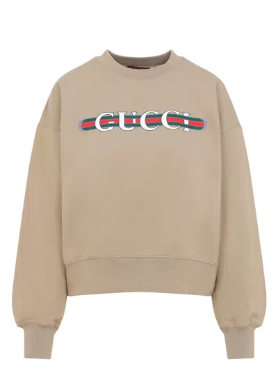 GUCCI WOMEN'S CARAMEL-COLOURED SWEATSHIRT WITH PRINTED LOGO