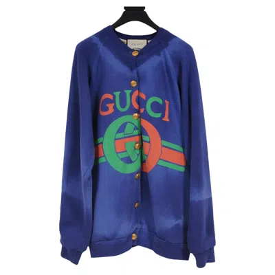 Pre-owned Gucci Women Cardigan Small Blue Cotton Silk Tie Dye Reversible Logo Sweater