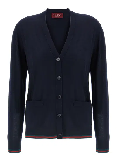 Gucci Women Blue Cardigan With Web Detail On The Edges In Cashmere And Silk Blend Woman