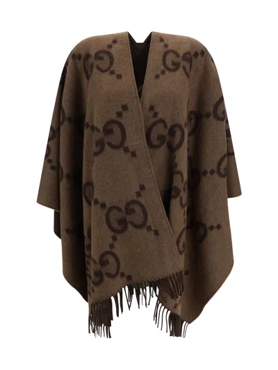 Gucci Embroidered Reversible Cashmere Cape In Brown