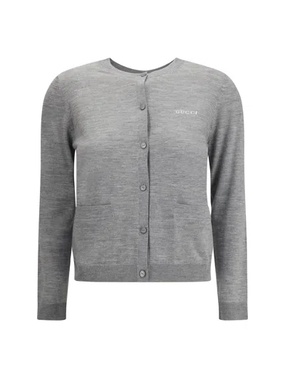 Gucci Grey Cardigan With Round Neck And Logo Lettering Embroidery On The Front In Cashmere And Silk Woman In Gray
