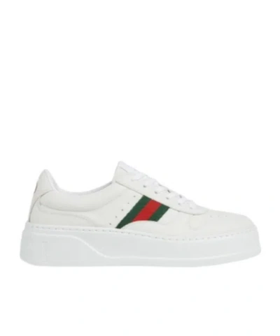 Gucci Women White Sneakers With Web Detail And Oversized Sole In Leather Woman