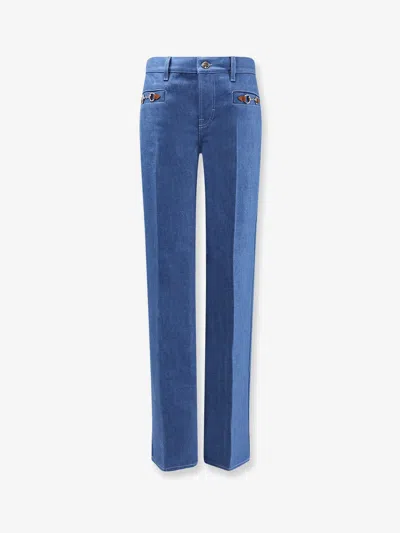 Gucci Women Cotton Jeans With Iconic Frontal Horsebits In Blue