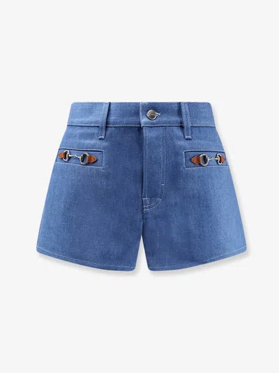 Gucci Women Cotton Shorts With Frontal Iconic Horsebits In Blue