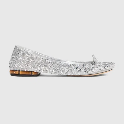 Gucci Women's Crystal Ballerina With Bamboo In Silver