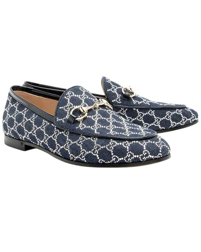 Pre-owned Gucci Women's Crystal, Denim & Patent Leather Horsebit Jordaan Loafer  (authentic Pre-loved)