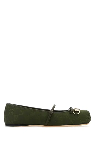 Gucci Canvas Gg Horsebit Ballerina Flats In Green