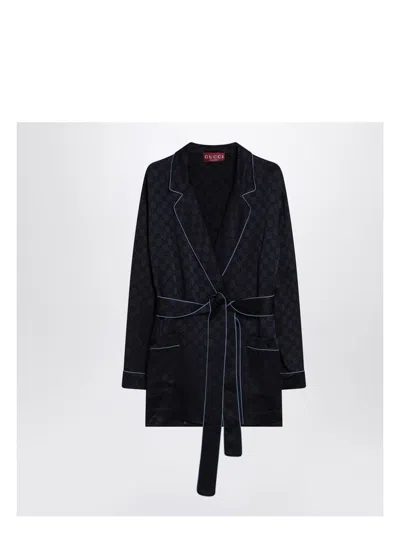 GUCCI WOMEN'S DARK SATIN SHIRT WITH GG DETAIL