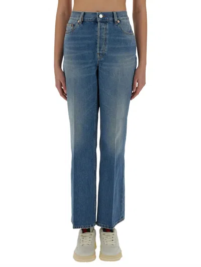 Gucci Women Denim Pants With Logo Label In Blue