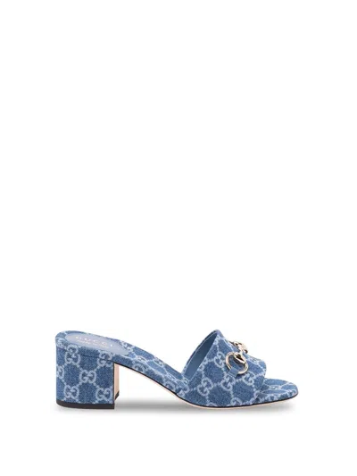 Gucci 55mm Siaga Gg Monogram Denim Block-heel Sandals In Blue