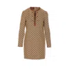 Gucci Beige Crewneck Mini Dress With Horsebit On The Front In Gg Canvas Woman