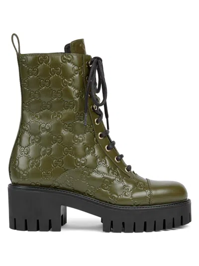 Gucci Women's Embossed Logo Leather Combat Boots In Green