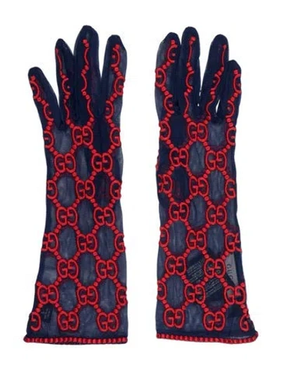 Pre-owned Gucci Women's Embroidered Mesh Gloves In Blue