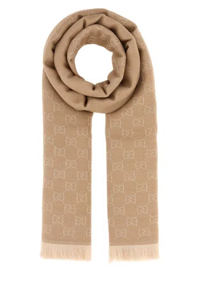 Gucci Gg Jacquard Wool Scarf With Fringed Trim In Brown