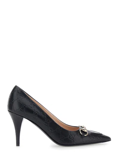 Gucci Women 'erin' Black Pumps With Medium Heel And Horsebit On The Front In Gg Leather Woman In Multi
