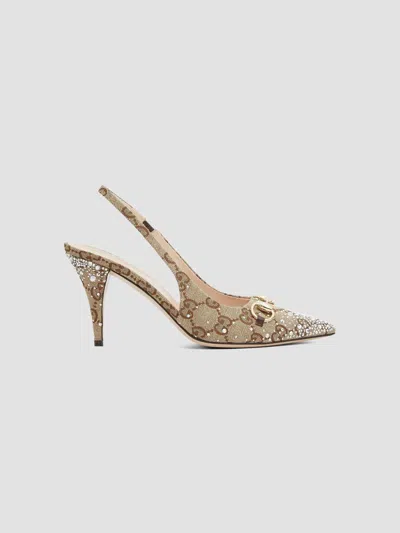 Gucci Women's Erin Crystal-embellished Gg Canvas Pumps In Brown