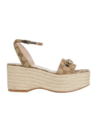 Gucci Lady Horsebit Gg Canvas Espadrille Wedges In Beige